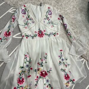 White Long Sleeve Bell Sleeve Sundress with Plunge Neckline for Wedding Guest